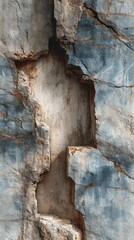 Cracked blue wall with exposed surface showcasing texture and depth in a weathered and aged appearance