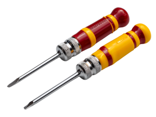 Two screwdrivers with red and yellow handles isolated on a white background