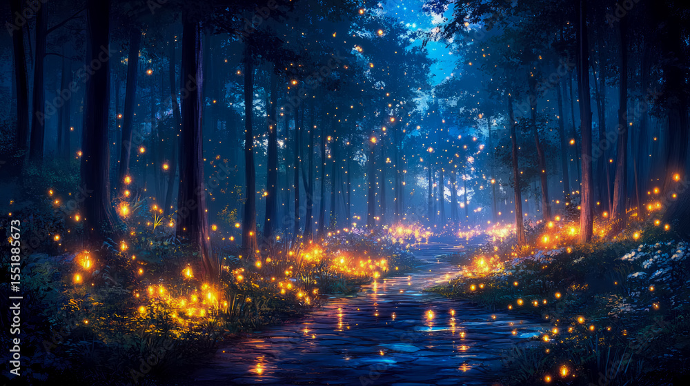 Poster magical forest path: a luminous and enchanting forest scene with a flowing stream, illuminated by gl