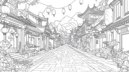Fototapeta premium Hyper realistic 3d render Asian Street Scene: Line Art Illustration of Traditional Chinese Architecture AI Generative