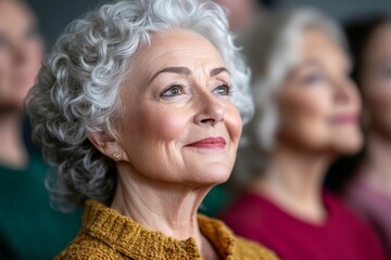 Beautiful adult woman against the background of other women. Generative AI