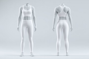 A 3D model of a female mannequin wearing a white sports bra and leggings sports suit mockup from the front and back. The mannequin is headless and features a smooth, minimalist design.