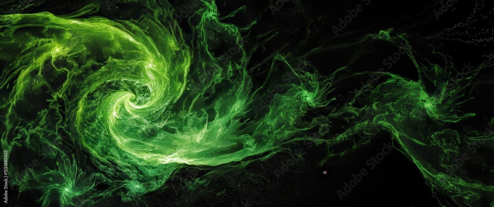 Poster glowing green swirling energy in abstract cosmic space with hints of light and darkness, evoking a s
