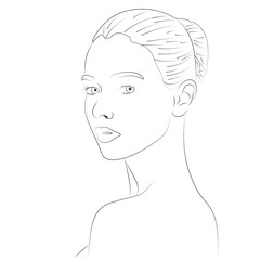 A minimalist line art illustration depicts a woman looking over her bare shoulder, with her hair neatly pulled back, emphasizing a clean and elegant silhouette.