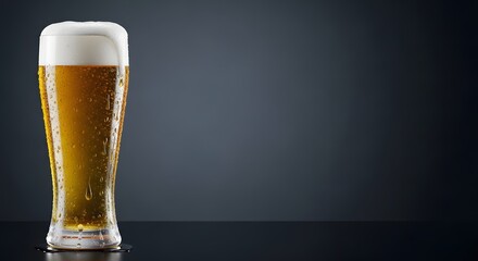 Beer Day: A condensation-covered glass of cold beer with a thick foam head, set against a dark, moody background.