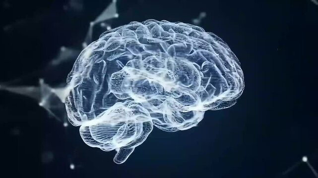 Animated visualization of a transparent and illuminated human brain in motion