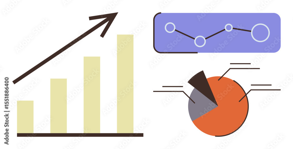 Poster bar chart with growth arrow, pie chart segments, and line graph with nodes representing data trends.