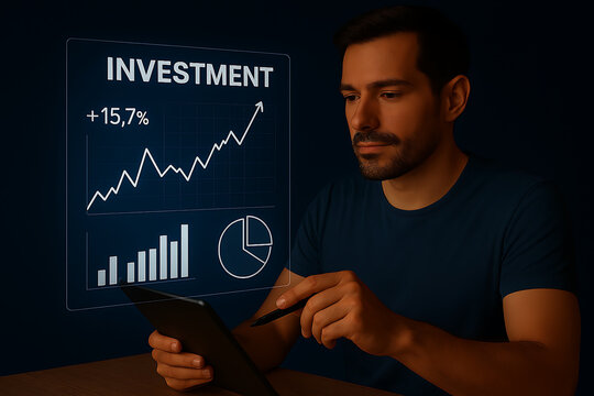 Man analyzing investment data on a tablet with charts and graphs displayed on a transparent screen