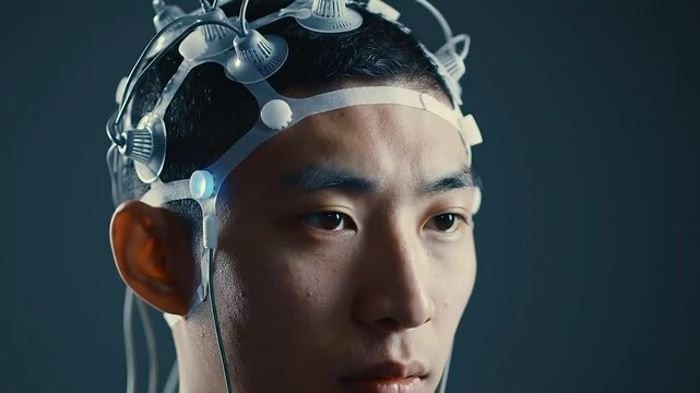 Asian man undergoing brainwave analysis with electroencephalogram device in modern laboratory