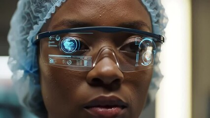 Close up of surgeon wearing futuristic smart glasses with data overlay - Powered by Adobe