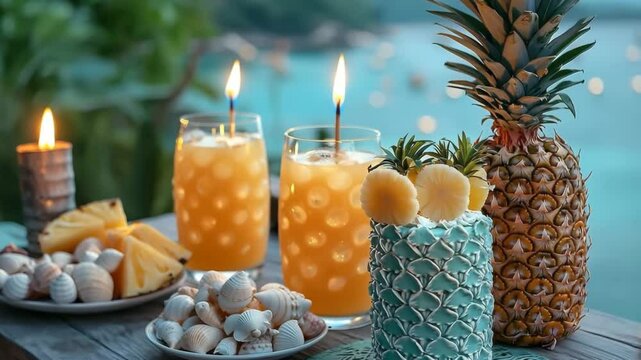 Tropical birthday party by the beach with pineapple drinks and seashell decorated cake