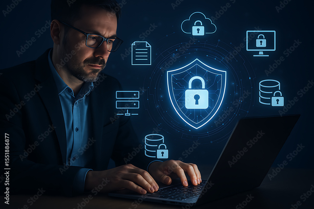 Poster man working on laptop with security shield and data icons overlayed on a dark blue background