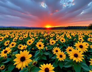 Obraz premium a vast field is filled with many large, yellow blooms, the flowers have dark centers and green leaves, the horizon is illuminated by a vibrant sunset