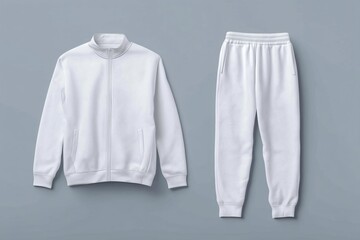 A flat lay of a white tracksuit consisting of a zip-up jacket and matching pants sports suit mockup on a gray background. The jacket features a high collar and two side pockets.