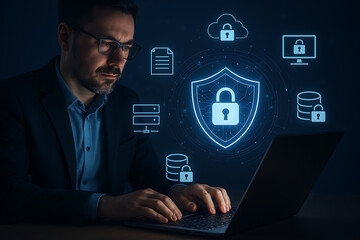 Man working on laptop with security shield and data icons overlayed on a dark blue background