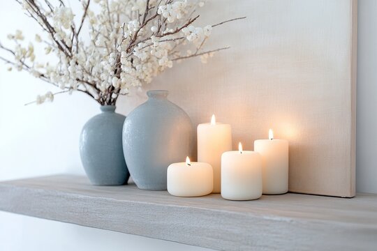 Four white candles with fire and a bracteate vase with white flowers. Generative AI
