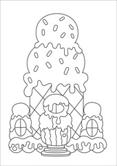 hand drawn vector illustrations Whimsical black and white line art illustration of a charming gingerbread house, perfect for coloring books and creative projects. This delightful candy house design