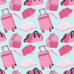 Seamless pattern of suitcases, bags, backpacks for travel in doodle style. Hand drawn luggage icons.	