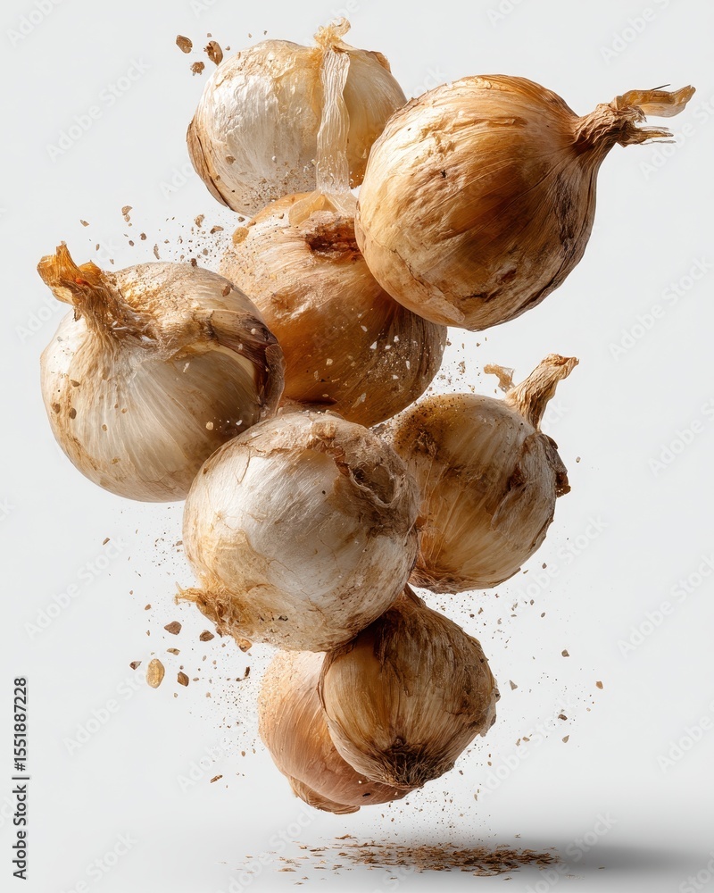 Poster group of floating raw onions isolated on a plain background highlighting freshness and natural textu