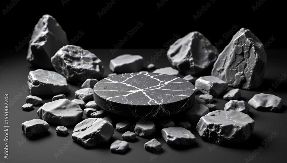 Poster the image features a round platform, made of a dark material with subtle patterns, this platform is 