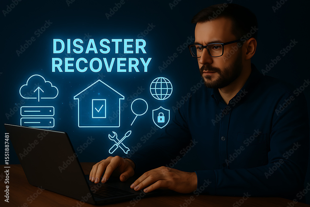 Poster man working on laptop with disaster recovery icons displayed on screen in a dark blue background