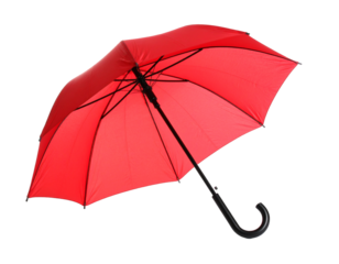 Red umbrella curved open, isolated on white, symbol of rain protection and elegance.