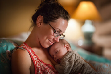 Mother in glasses cuddling sleeping baby at night.