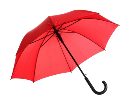 Red umbrella curved open, isolated on white, symbol of rain protection and elegance.