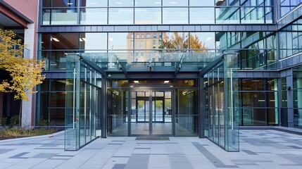Modern Glass School Entrance with Transparent Facade and Reflective Surfaces, Sleek Educational Architecture Featuring Minimalist Design and Natural Lighting, Empty Space for Text