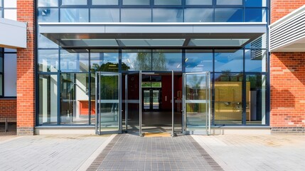 Modern Glass School Entrance with Transparent Facade and Reflective Surfaces, Sleek Educational Architecture Featuring Minimalist Design and Natural Lighting, Empty Space for Text