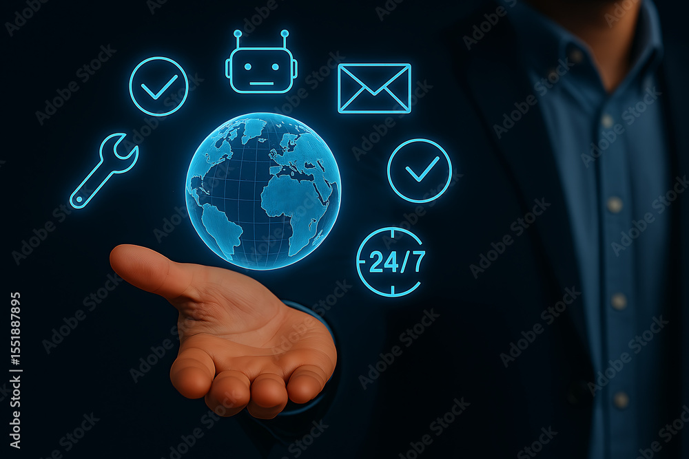 Poster a hand presenting a glowing globe with icons representing support and global services on a dark back