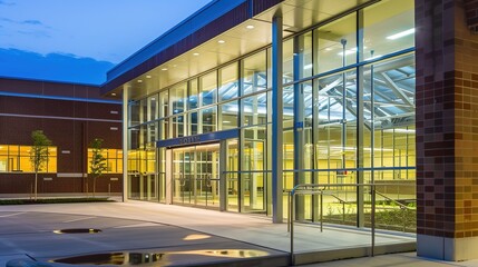 Modern Glass School Entrance with Transparent Facade and Reflective Surfaces, Sleek Educational Architecture Featuring Minimalist Design and Natural Lighting, Empty Space for Text