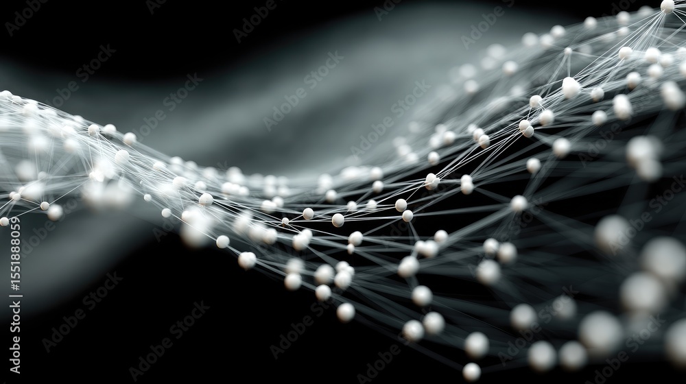 Poster abstract network background: white particles and connecting lines on black