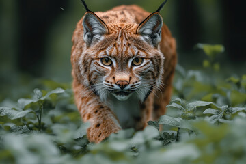 Obraz premium A lynx walking through the woods.