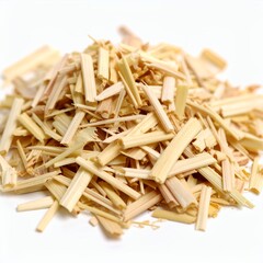 Dried lemongrass cuttings, aromatic culinary herb ingredient preparation on white background