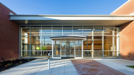 Modern Glass School Entrance with Transparent Facade and Reflective Surfaces, Sleek Educational Architecture Featuring Minimalist Design and Natural Lighting, Empty Space for Text