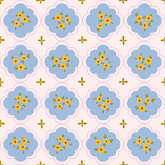 Preppy bouquet on damask background. Coquette small flowers trellis seamless pattern