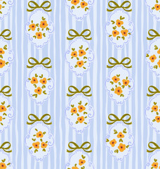 Preppy bouquet on damask background. Coquette flowers trellis seamless pattern stripes lines texture