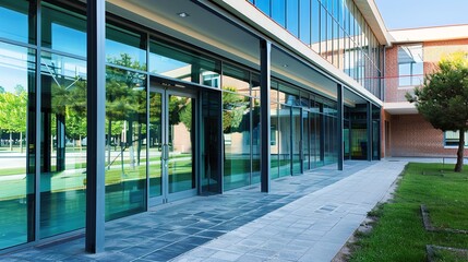 Modern Glass School Entrance with Transparent Facade and Reflective Surfaces, Sleek Educational Architecture Featuring Minimalist Design and Natural Lighting, Empty Space for Text