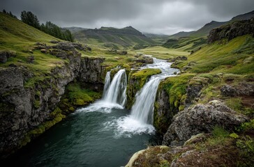 Fototapeta premium Majestic Icelandic Waterfalls Surrounded by Lush Greenery and Dramatic Cloudy Landscape in a Remote Valley Setting