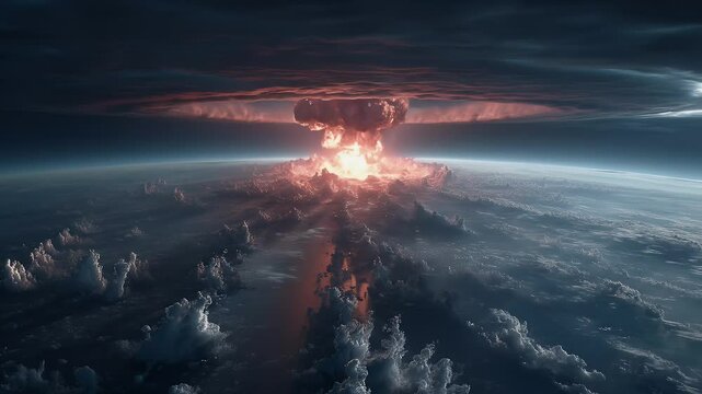 Dramatic Aerial View of Nuclear Explosion with Orange Mushroom Cloud Against Cloudy Sky Representing Threat of Global Conflict and Destructive Force