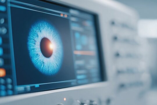 close-up of patient eye through oct scan showing retinal layers on screen