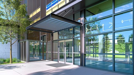 Modern Glass School Entrance with Transparent Facade and Reflective Surfaces, Sleek Educational Architecture Featuring Minimalist Design and Natural Lighting, Empty Space for Text