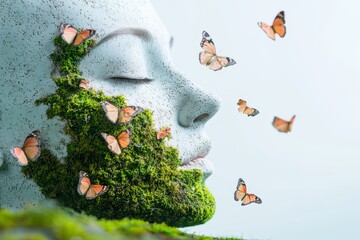 Butterflies and moss that exist alongside the sculpture. Generative AI
