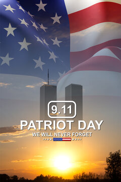 09.11.2001 American Patriot Day banner. Flag of USA against the sunset