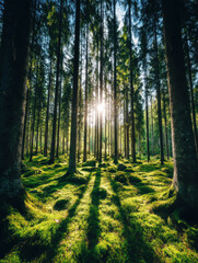 Obraz premium Sunlight filters through tall pine trees casting long shadows on lush green mossy forest floor in serene natural setting