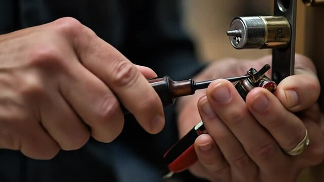 Close-up of person using a lock pick tool to open a door lock mechanism