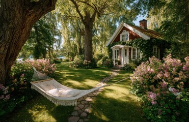 Hammock inviting to relax in a peaceful garden with idyllic red house
