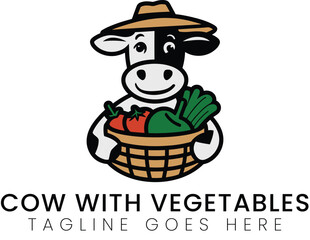 Cartoon Cow Holding Basket of Vegetables Farm Fresh Produce Logo Design