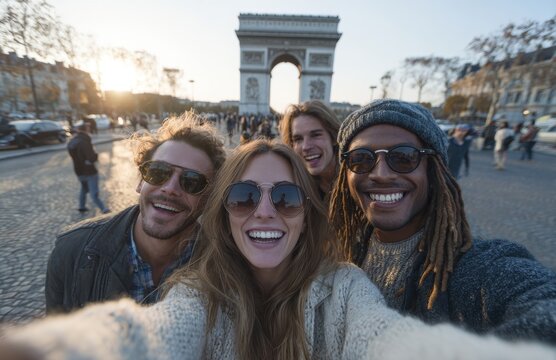Happy tourists taking selfie in paris with arc de triomphe in background